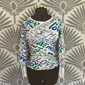 Graffiti Waffle Knit Thermal Top Womens Sz S White Peace Love Emo Y2K Mall Goth
